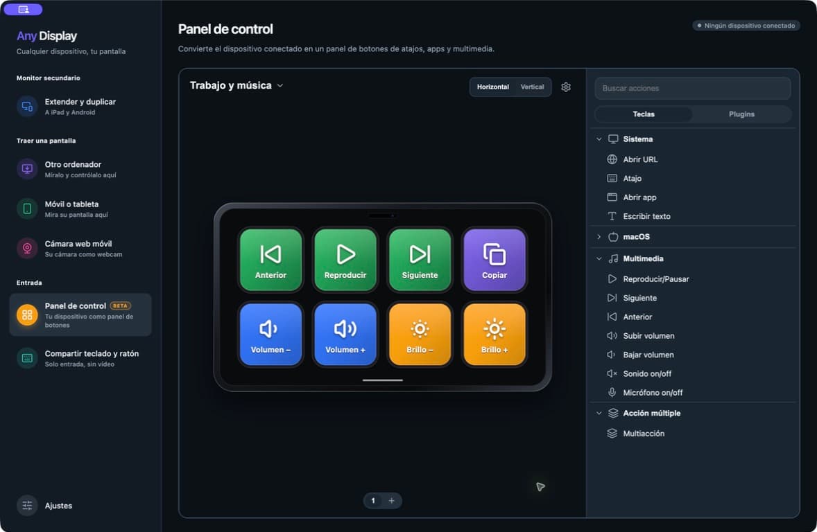 Editor real de Any Display 1.6.2 en español. Los ocho botones se configuraron antes de conectar el dispositivo móvil.