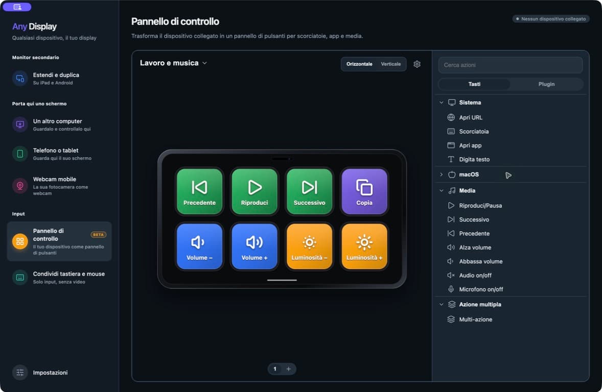 Editor reale di Any Display 1.6.2 in italiano. Otto tasti preparati prima del collegamento di un dispositivo mobile.
