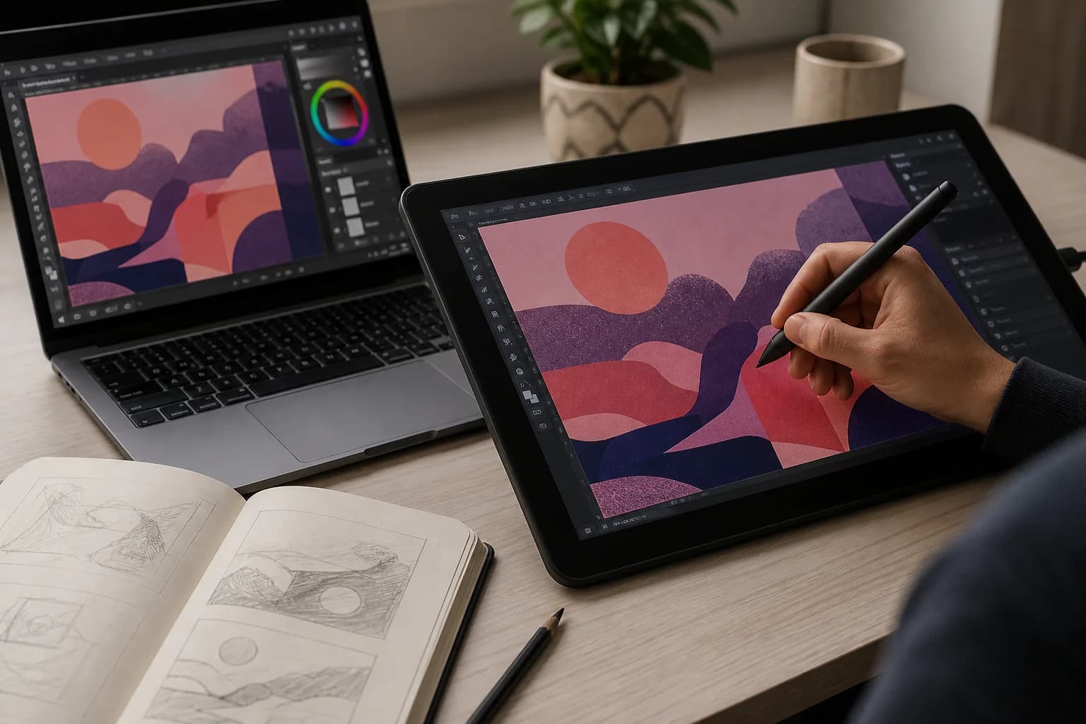 Drawing on a tablet connected to a laptop