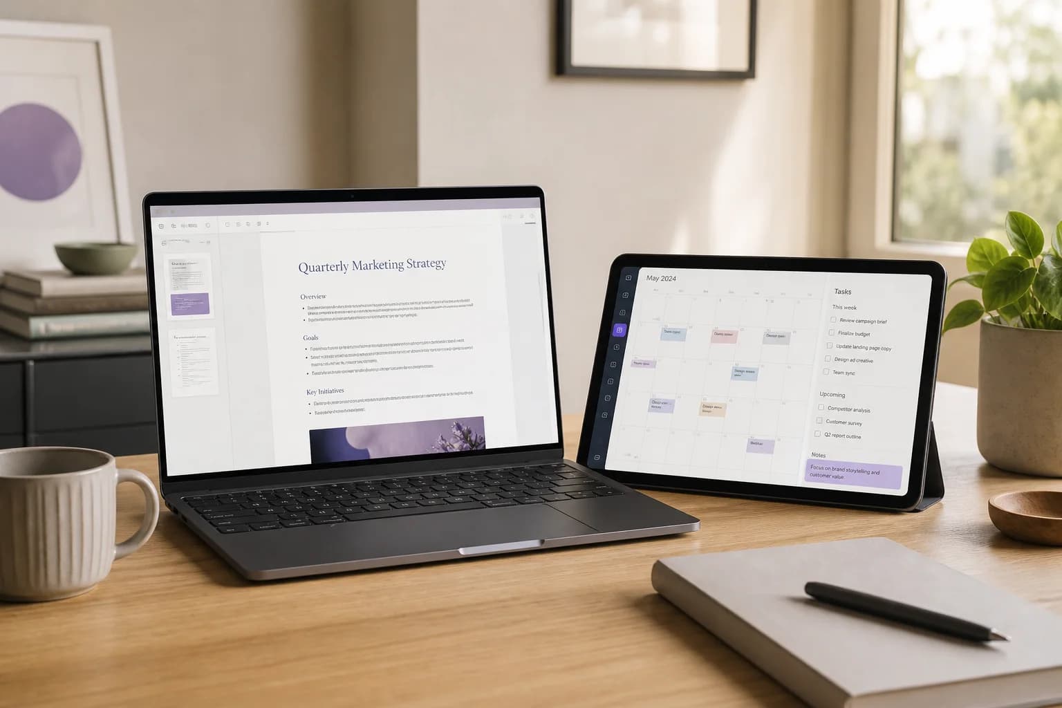 Laptop and tablet arranged as an extended workspace