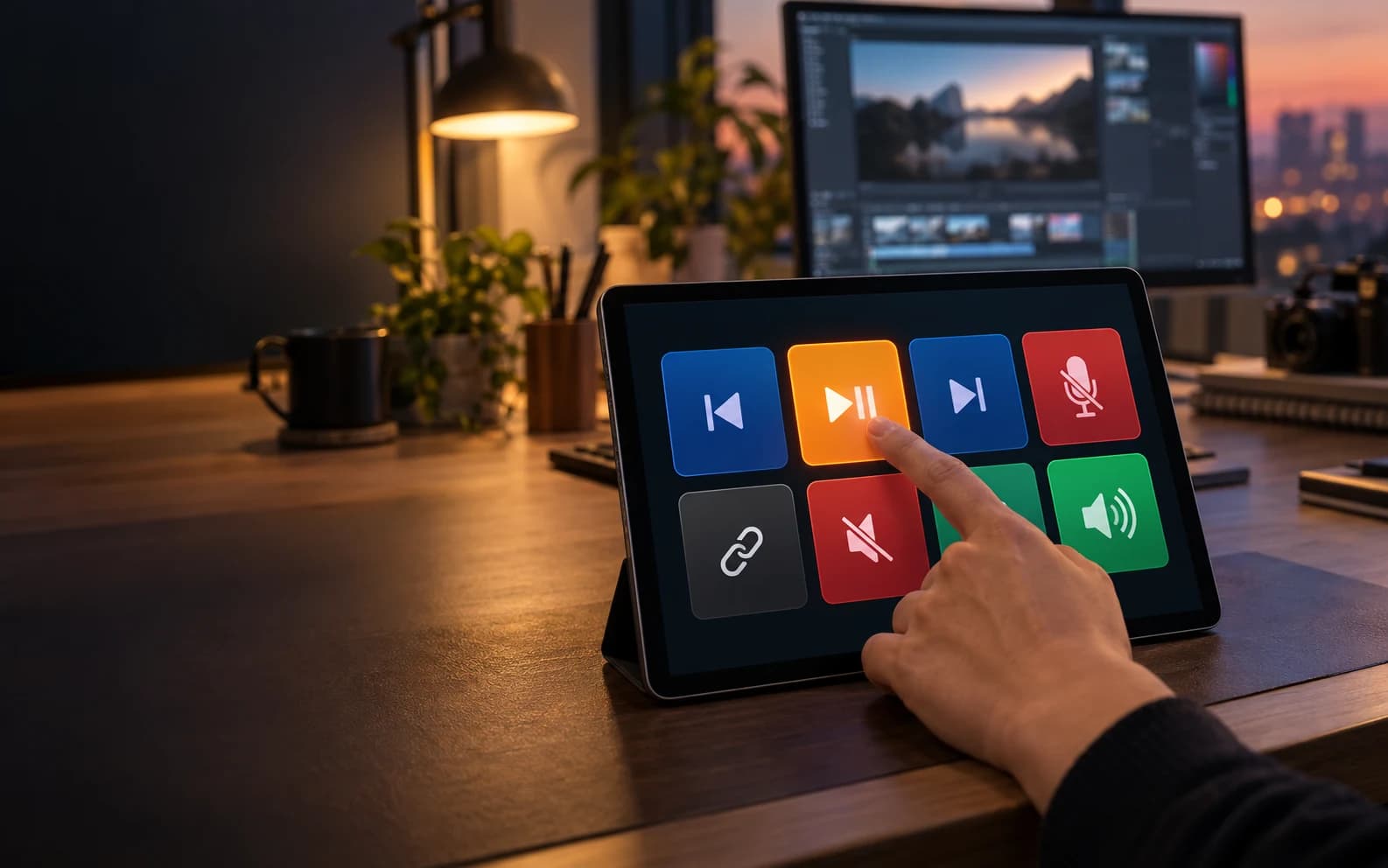 A tablet beside a computer being used for Control Pad buttons