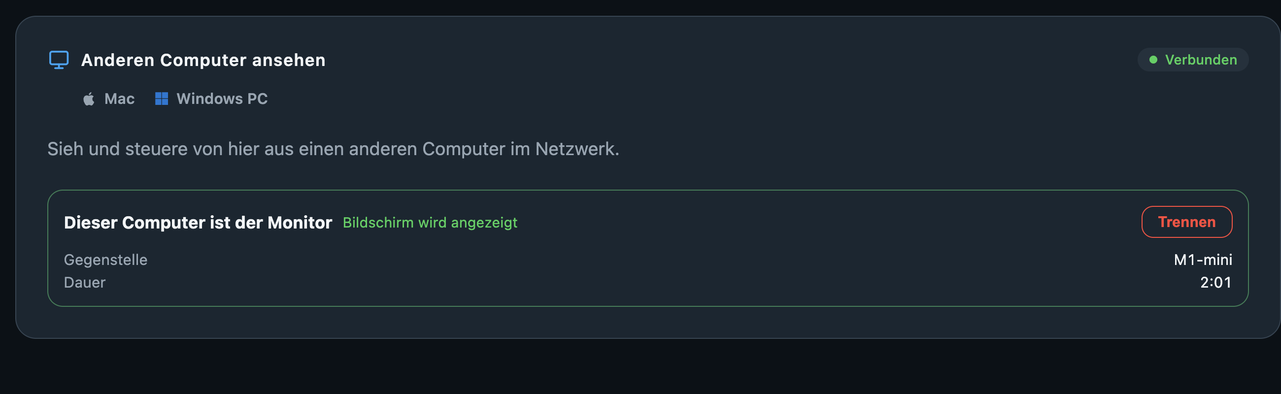 Status, Trennen und Freigaben · Any Display 1.6.2