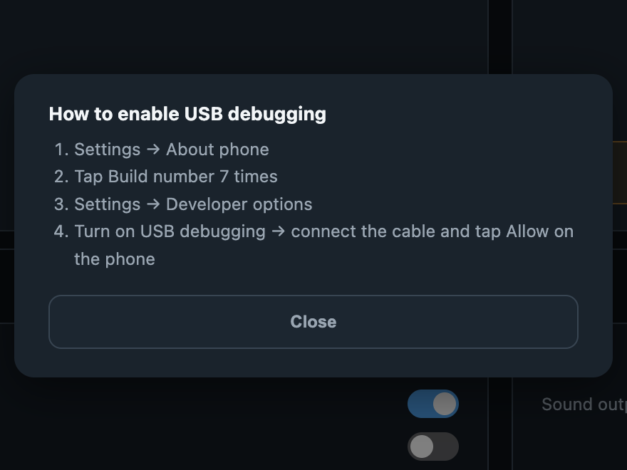 Android USB setup · Any Display 1.6.2