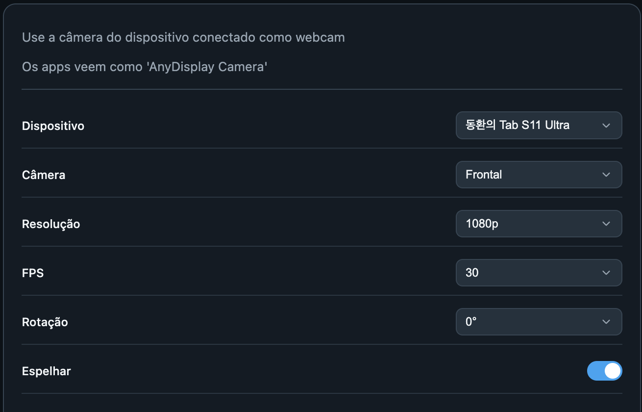 Dispositivo e câmera virtual · Any Display 1.6.2